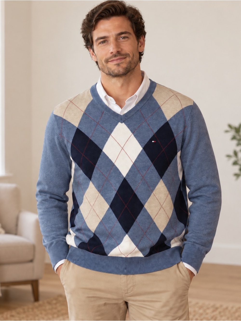 Tommy Hilfiger Men’s Blue Argyle Cotton V-Neck Sweater Preppy L